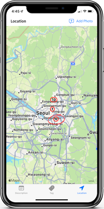 In the Location tab, the number of photos is displayed on the map at the location where the photo was taken