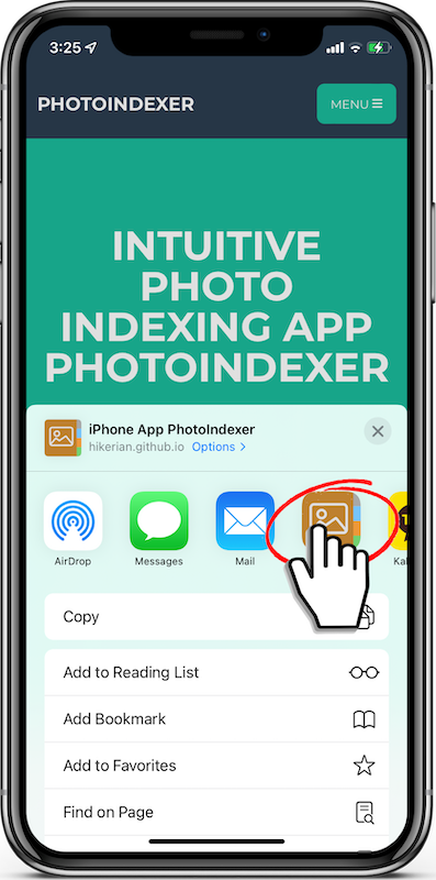 Tap PhotoIndexer in the list of apps to select it and share it with PhotoIndexer